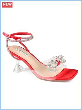 Clear Strappy Heeled Sandals with Rhinestone Bow and Ankle Strap